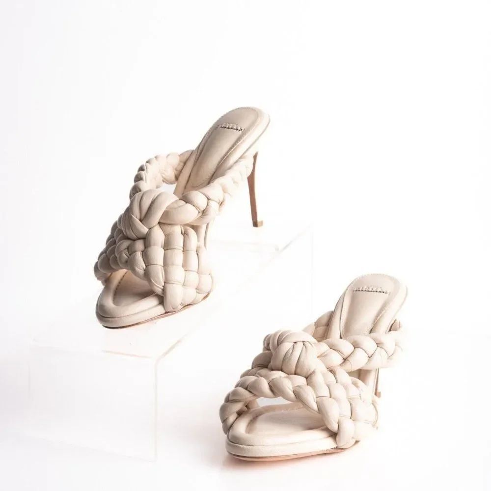 Alexandre Birman Womens Carlotta Braided Leather Sandal Heels Ivory 6.5 EU 37